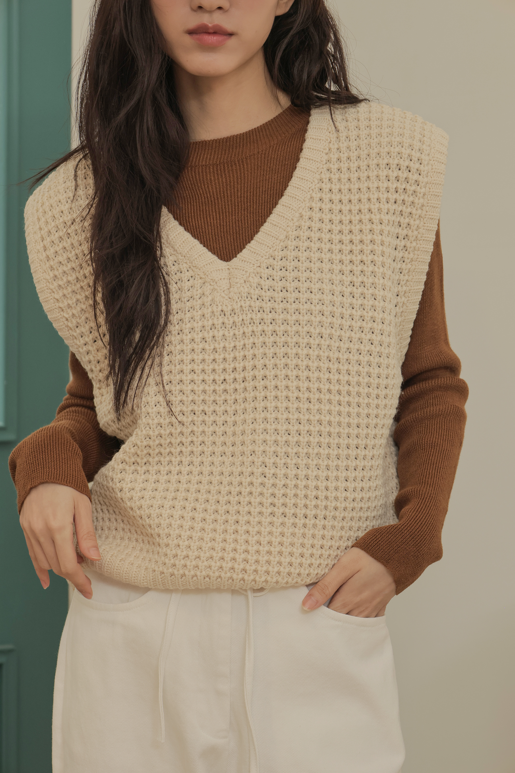 2603 純色鬆餅格針織背心