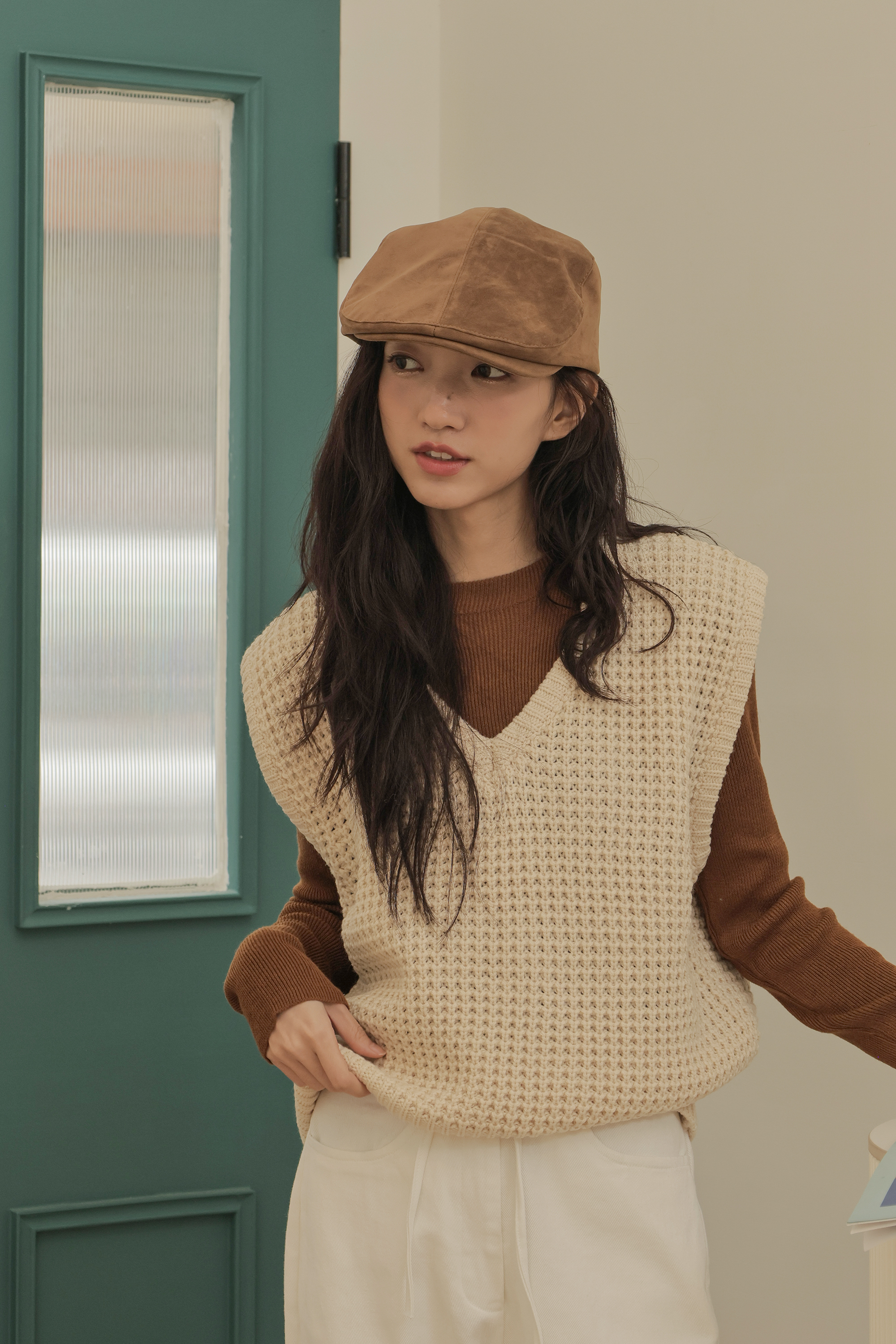 2603 純色鬆餅格針織背心