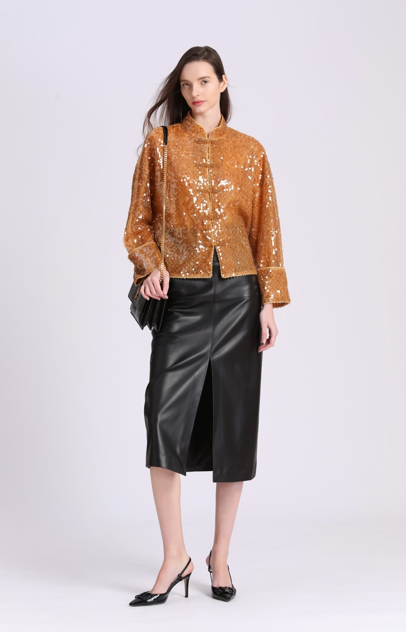 BD15509C1 極線黑革綿羊皮微A鉛筆裙