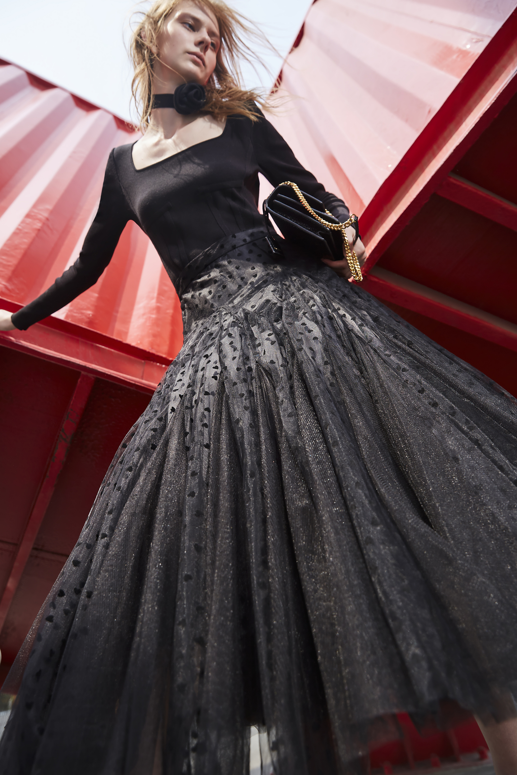 BD15757C1 巴黎夜點天鵝絨感透紗拼接中長裙