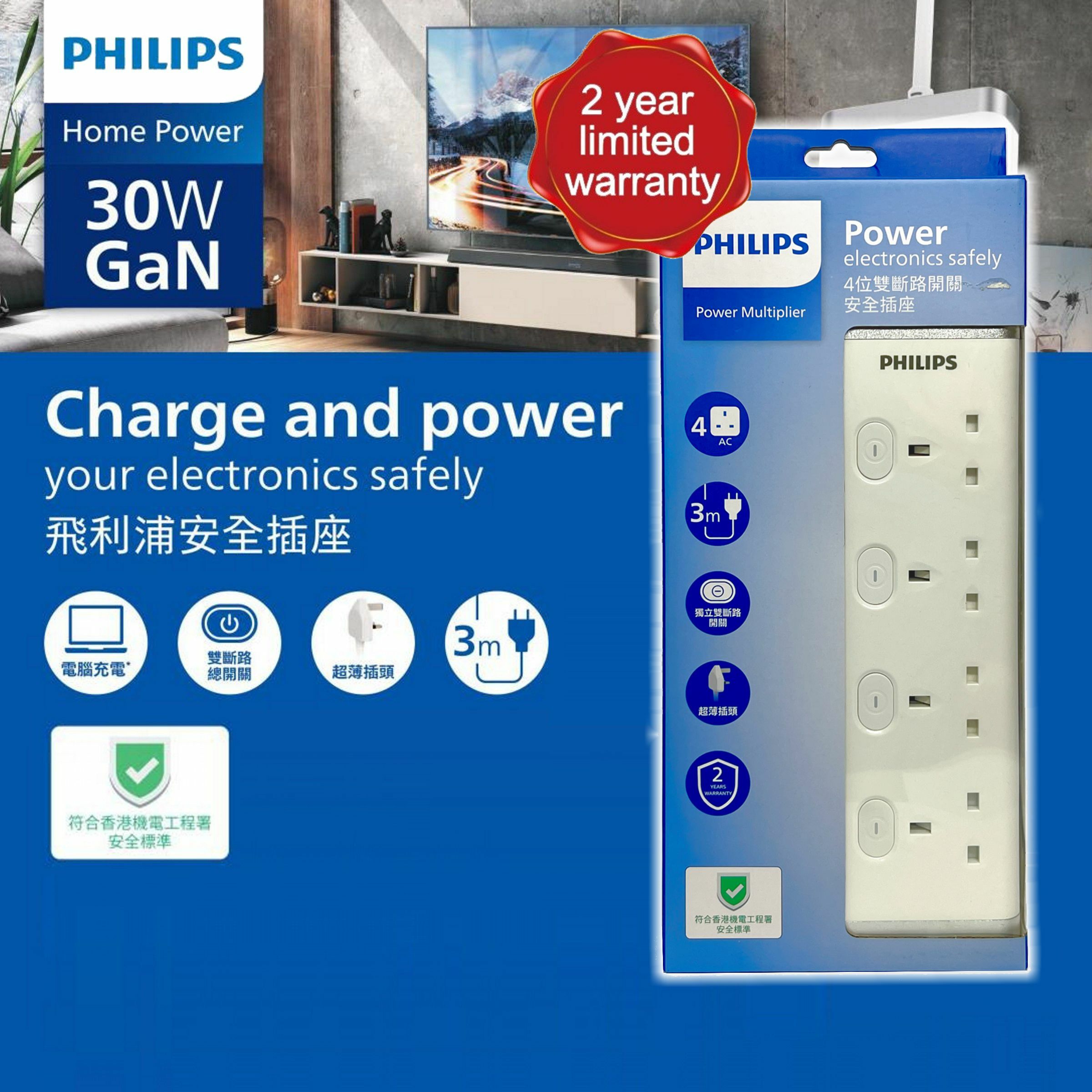 飛利浦4位獨立雙斷路開關安全插座,3米拖板 #CHP3446WB《香港行貨》《2年保養》