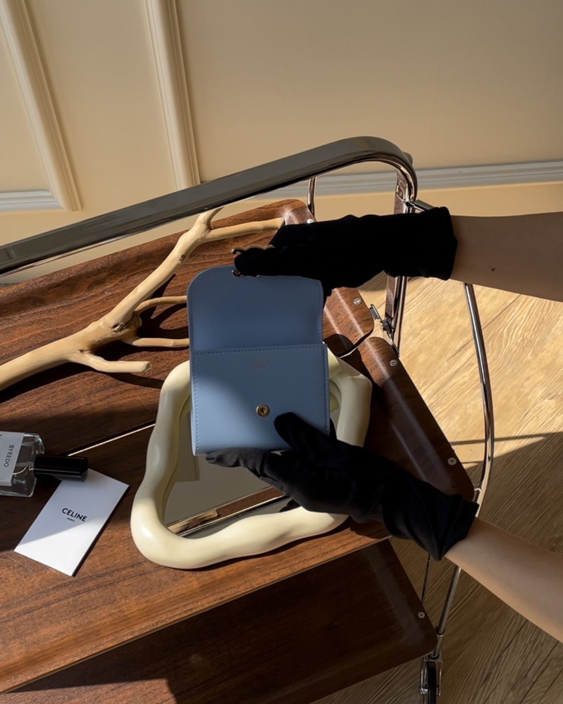 CELINE｜凱旋門三折短夾 藍色/小雞黃