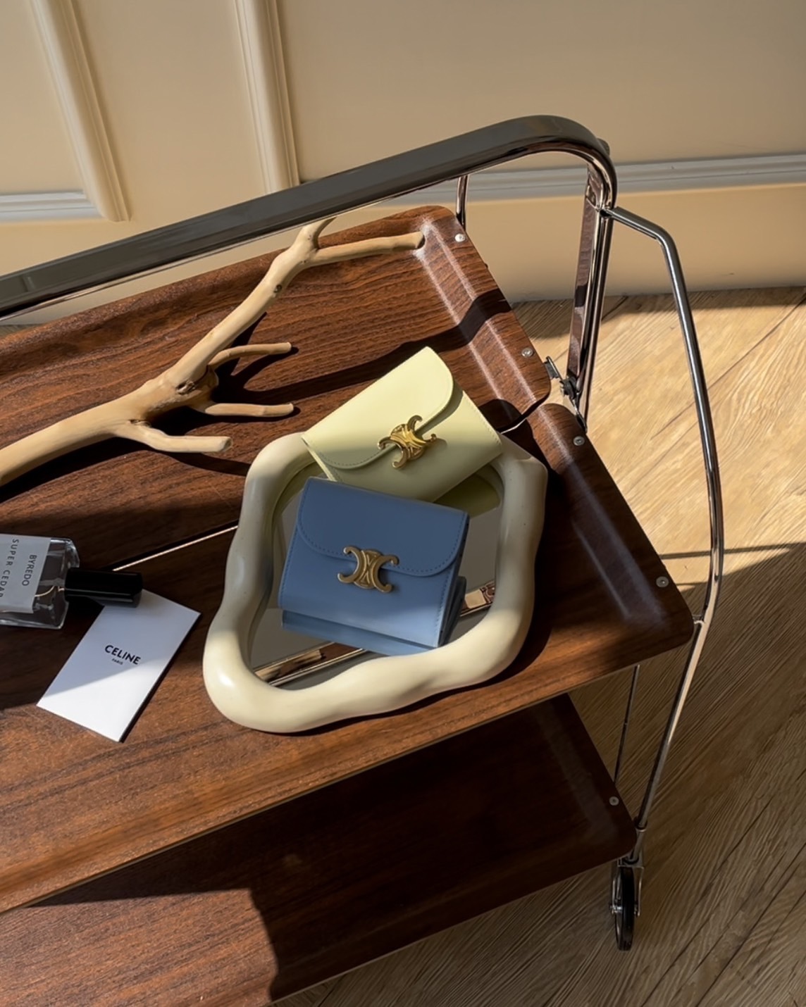 CELINE｜凱旋門三折短夾 藍色/小雞黃