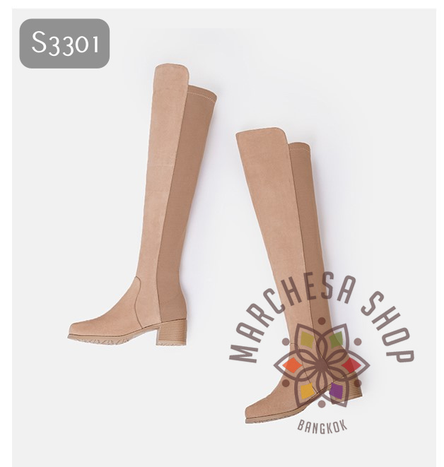 S3301- 純色彈力牛皮圓頭過膝長靴 (兩種鞋踭高度)