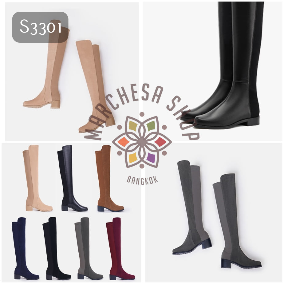 S3301- 純色彈力牛皮圓頭過膝長靴 (兩種鞋踭高度)