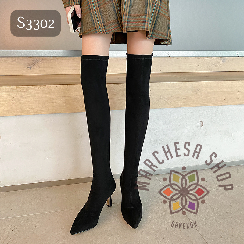 S3302 - 彈力純羊猄皮尖頭過膝貼腳長筒靴