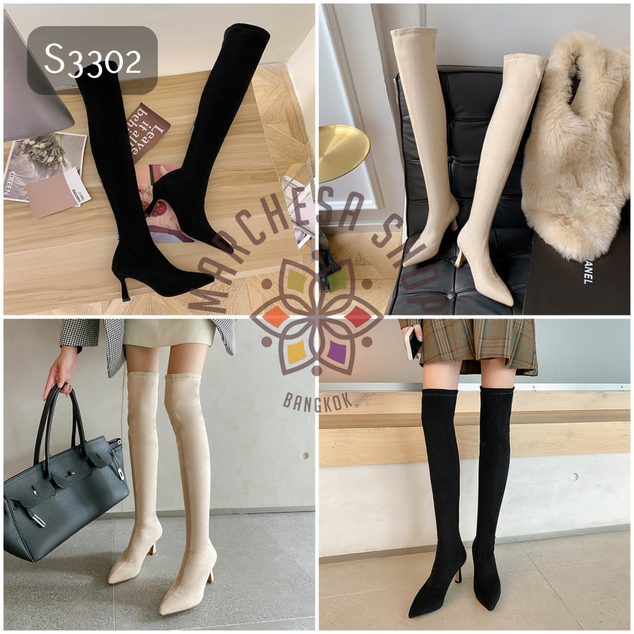 S3302 - 彈力純羊猄皮尖頭過膝貼腳長筒靴