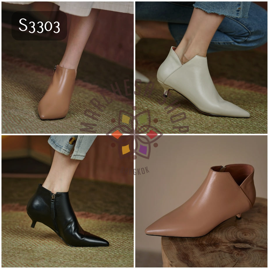 S3303 - 純色純頭層牛皮側V口低跟踝靴