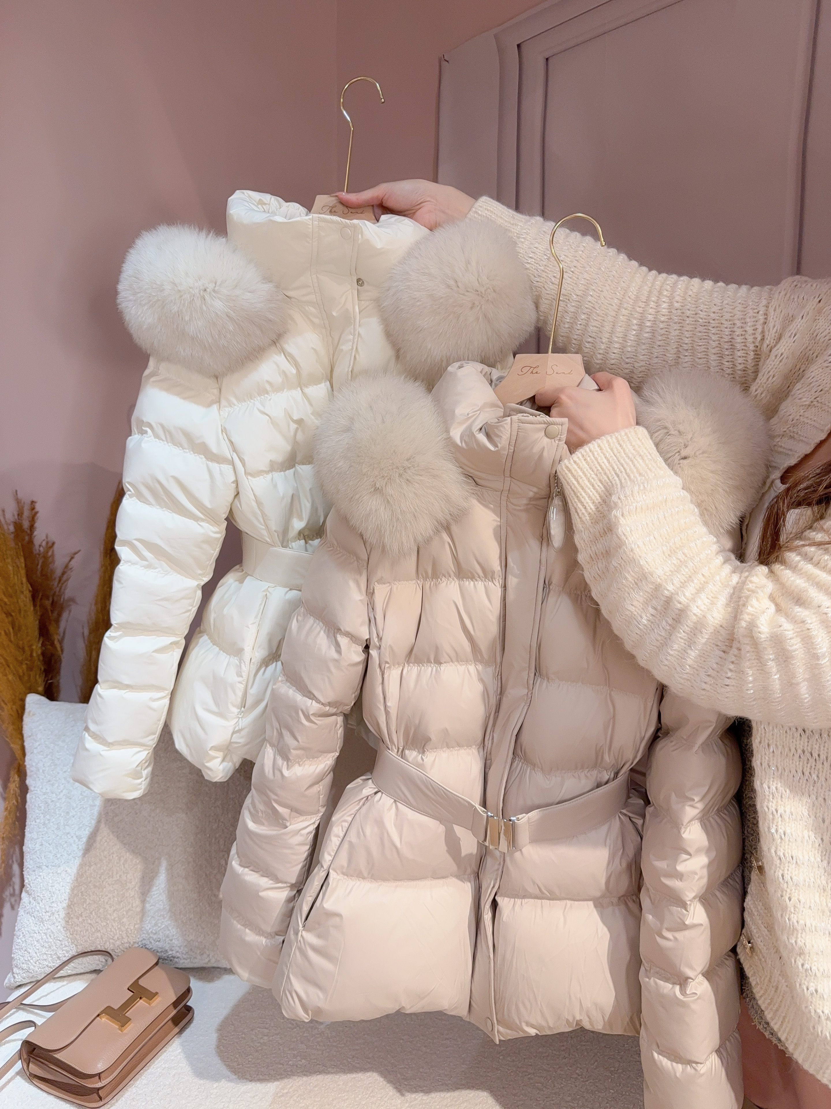 ♥︎Premium奶茶色/奶白色大毛領收腰down jacket (100%鴨絨)