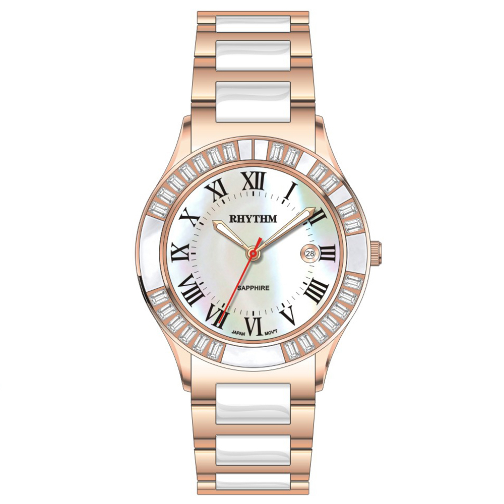 【Rhythm 麗聲】簡約美多色時尚不鏽鋼陶瓷珍珠母貝手錶-F1203T-