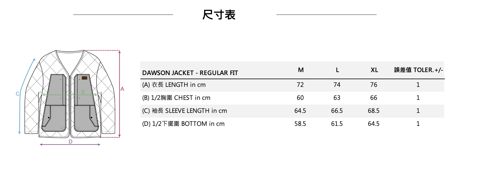 Dawson  Jacket 中性輕量保暖夾克 尺寸表