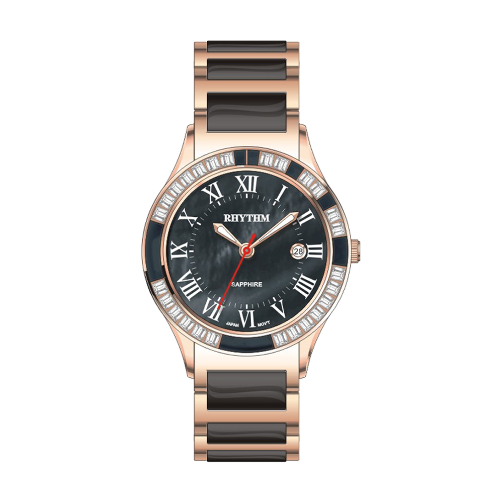 【Rhythm 麗聲】貝殼面帶日期機械不鏽鋼陶瓷錶帶手錶-F1204T 小錶徑女款-