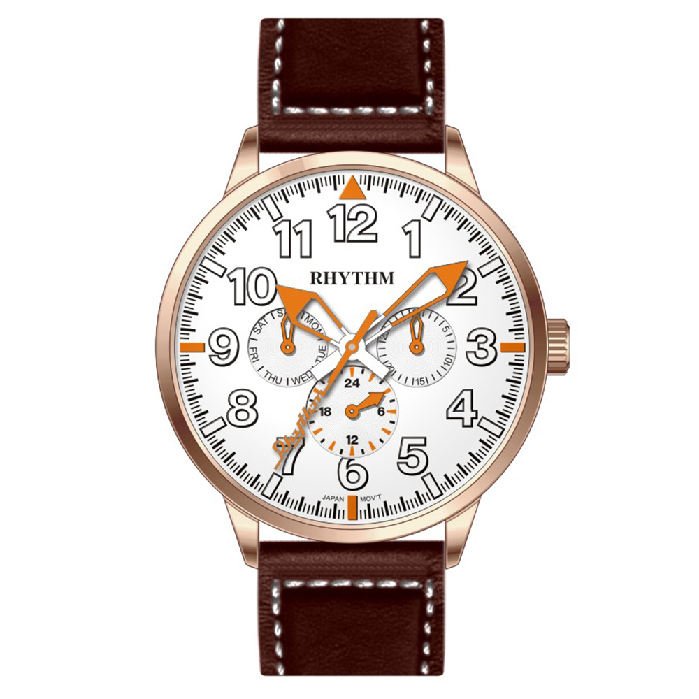 【Rhythm 麗聲】數字款三眼六針皮革手錶-FE1614L