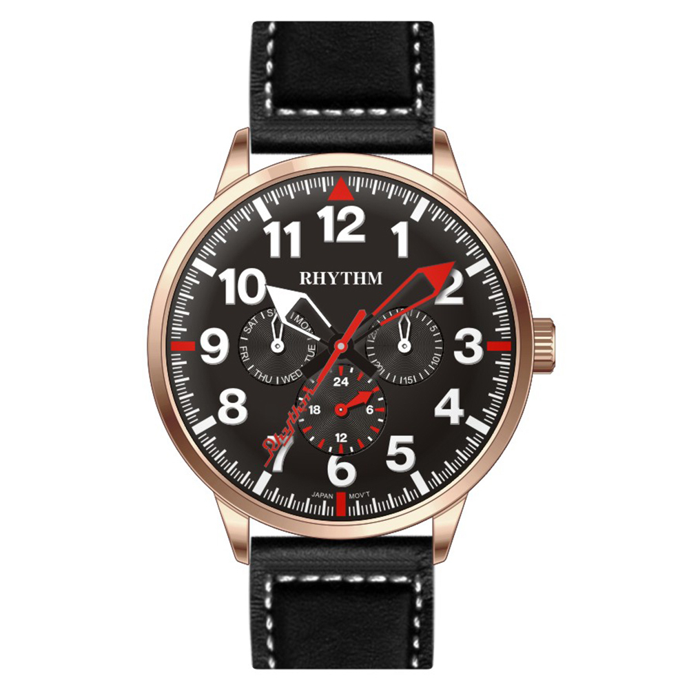【Rhythm 麗聲】數字款三眼六針皮革手錶-FE1614L