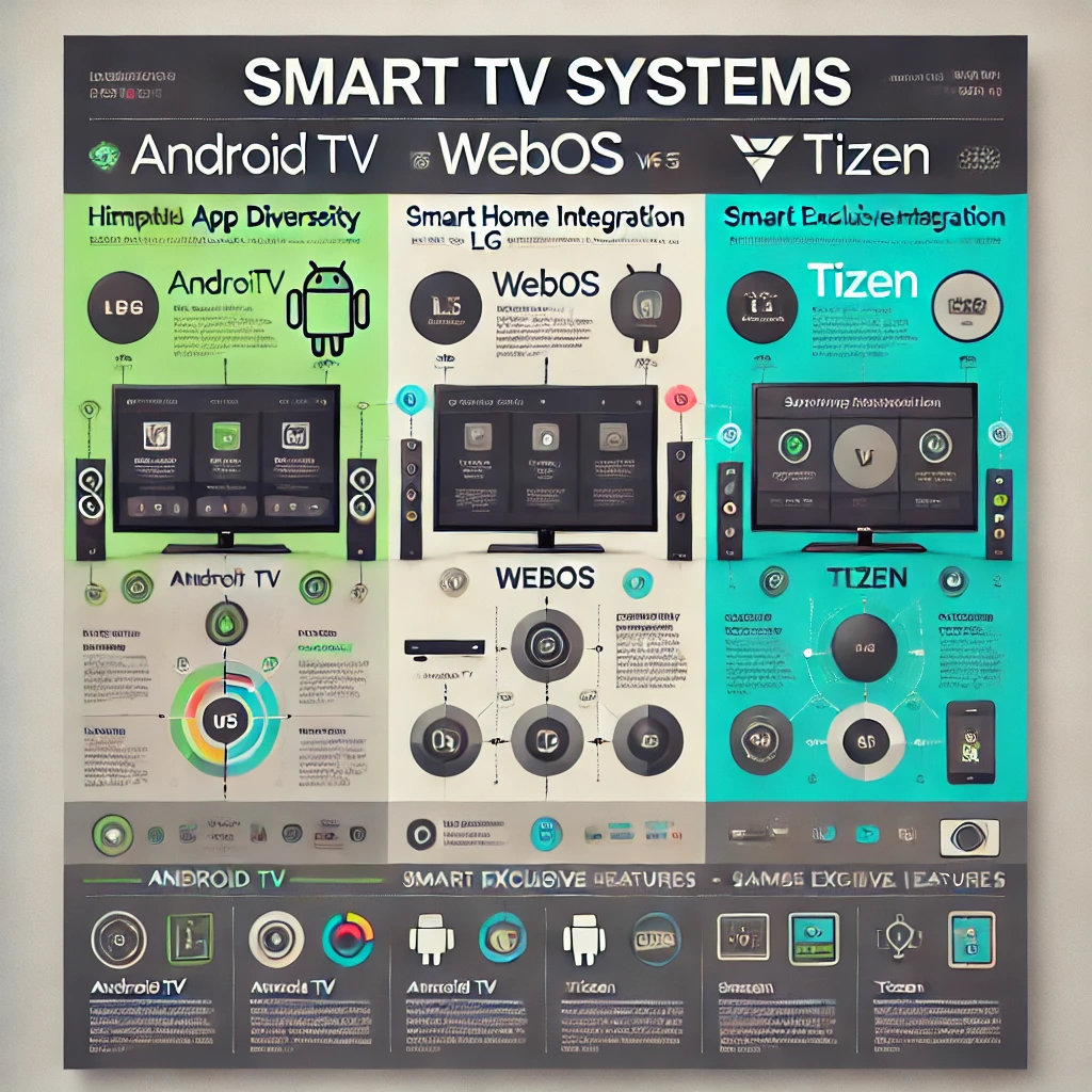 資訊圖表比較 Android TV、webOS 和 Tizen 智能電視系統，分為三個部分，配有圖標和文字。重點包括 Android TV 的應用多樣性和 Google 整合，webOS 的簡單性和 LG 獨占特性，以及 Tizen 的智慧家庭整合和三星兼容性。設計採用簡潔現代的布局，輔以綠色、藍色和灰色點綴。