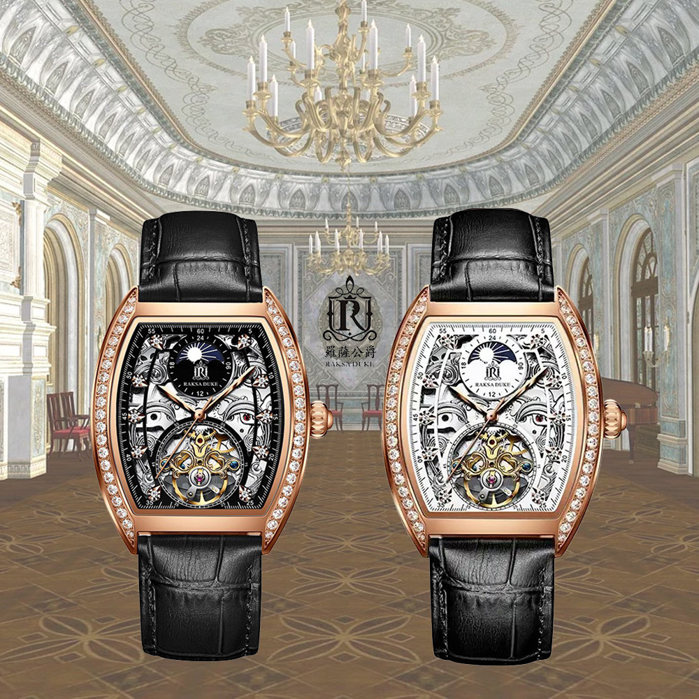 【RAKSA DUKE羅薩公爵】RSD-002 晶鑽時標錶殼 日月星辰 玫金 酒桶型 針扣 機械 鏤空 腕錶-
