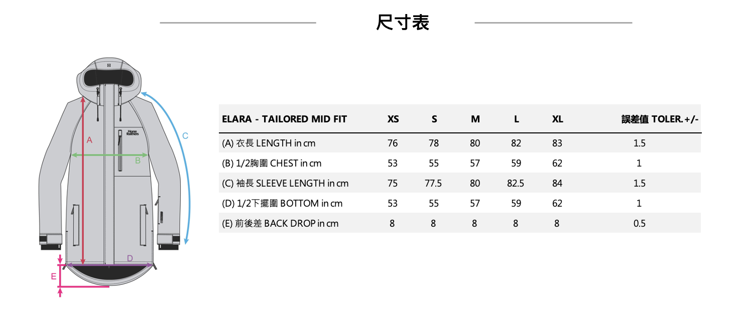 ELARA JACKET FW24(10K/10K) 女款滑雪外套 尺寸表