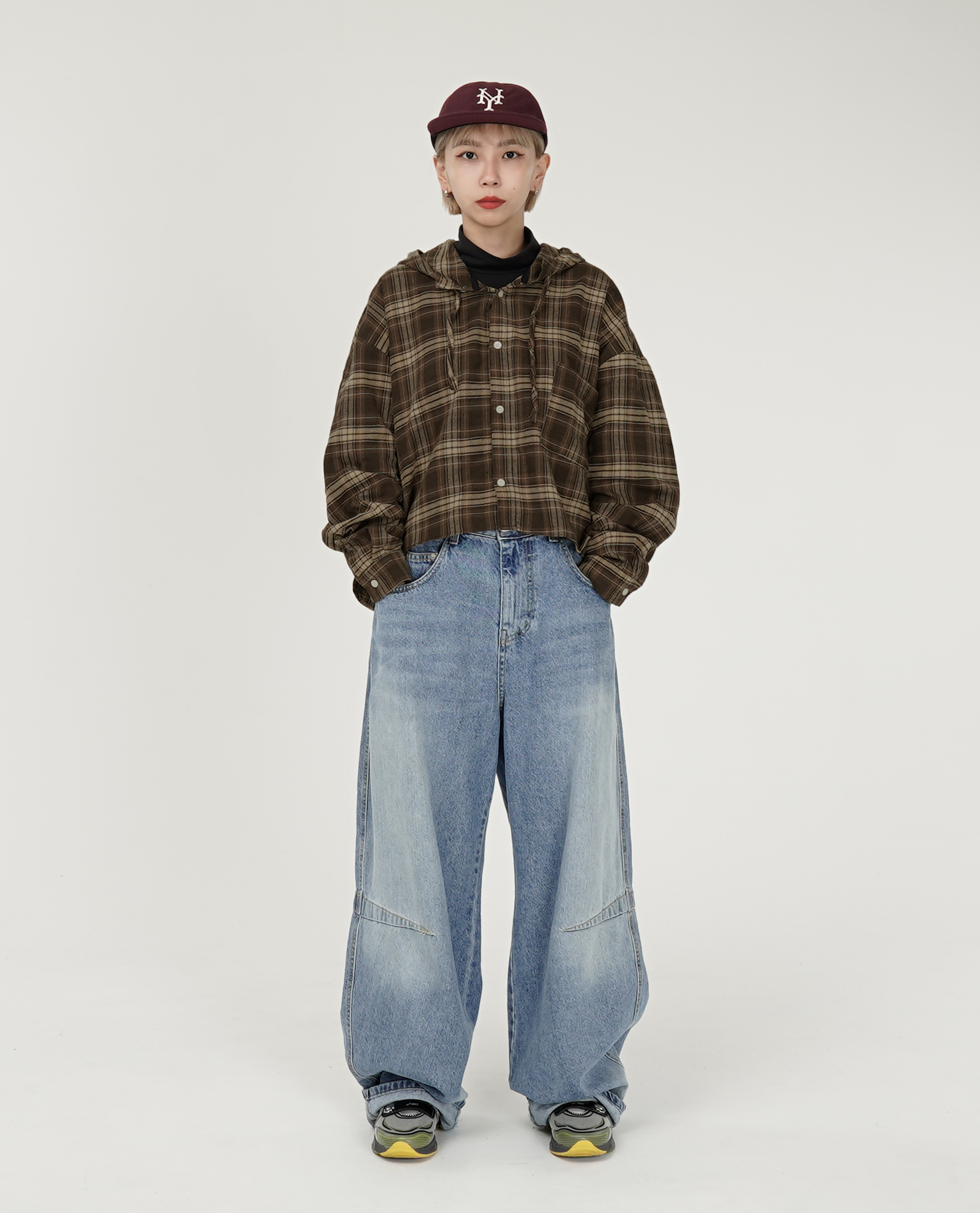 格紋寬短連帽襯衫