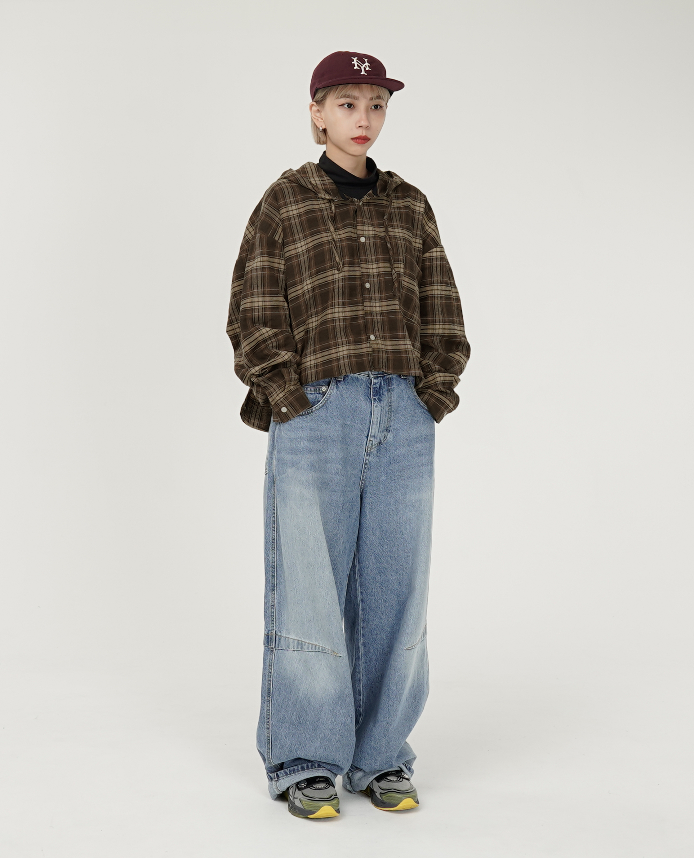 格紋寬短連帽襯衫