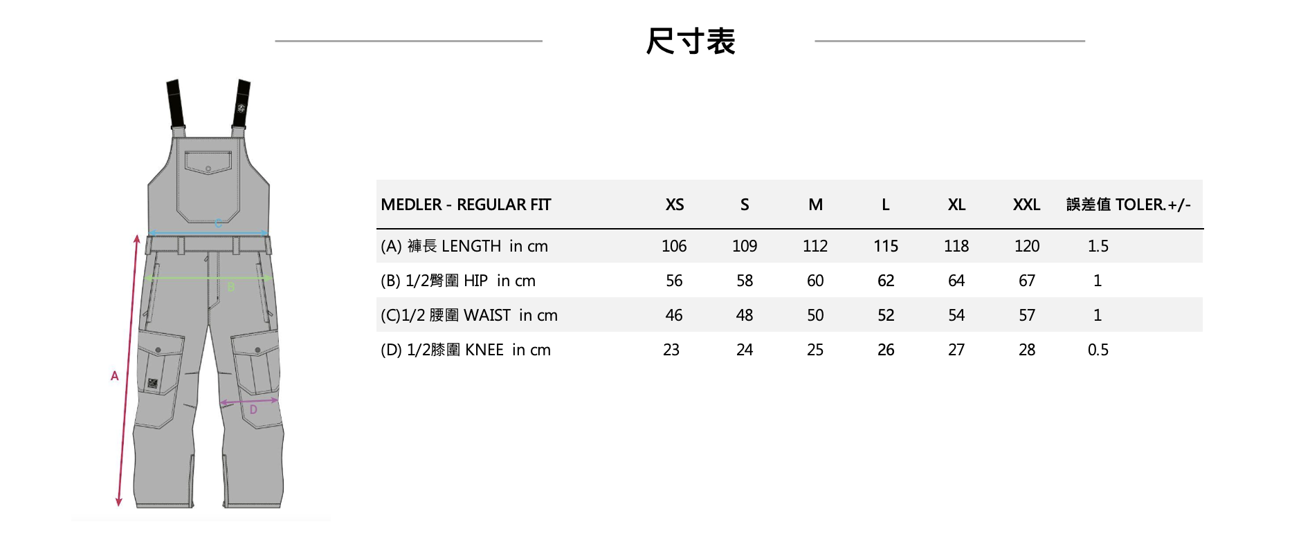 MEDLER PANTS FW23男士吊帶款滑雪褲  (15K/15K) 尺寸表