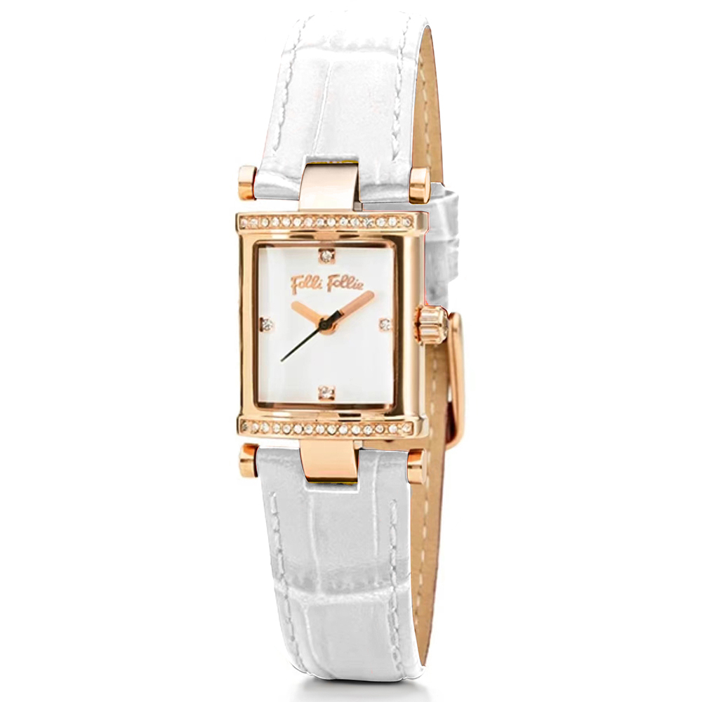 【Folli Follie芙麗芙麗】WF13B037SSS 晶鑽時標錶框女錶 牛皮錶帶 防水30米 日本機芯 (附贈官方品牌手鐲)