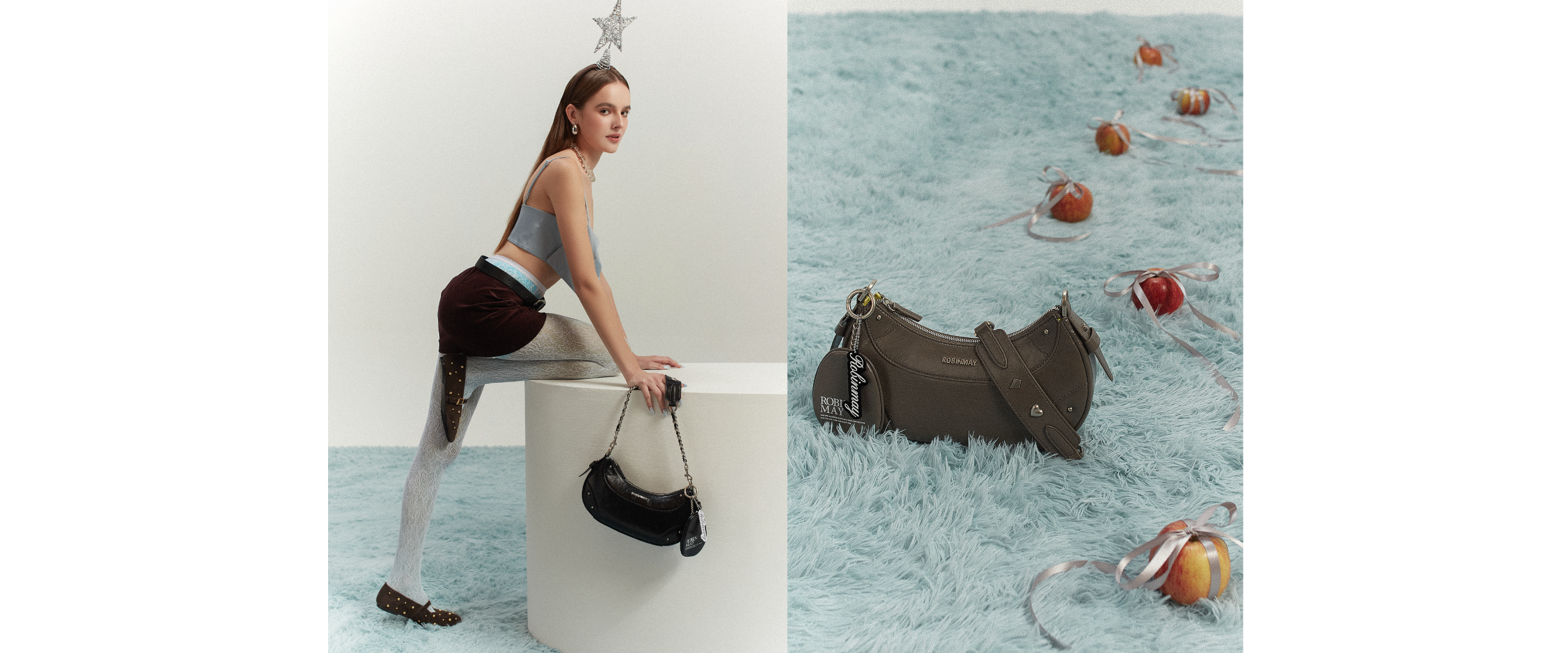 模特兒手提Crystal彎月肩背包，頭戴星星配件