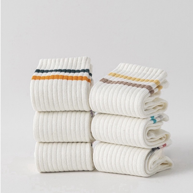 加厚毛巾底雙色條紋中筒襪