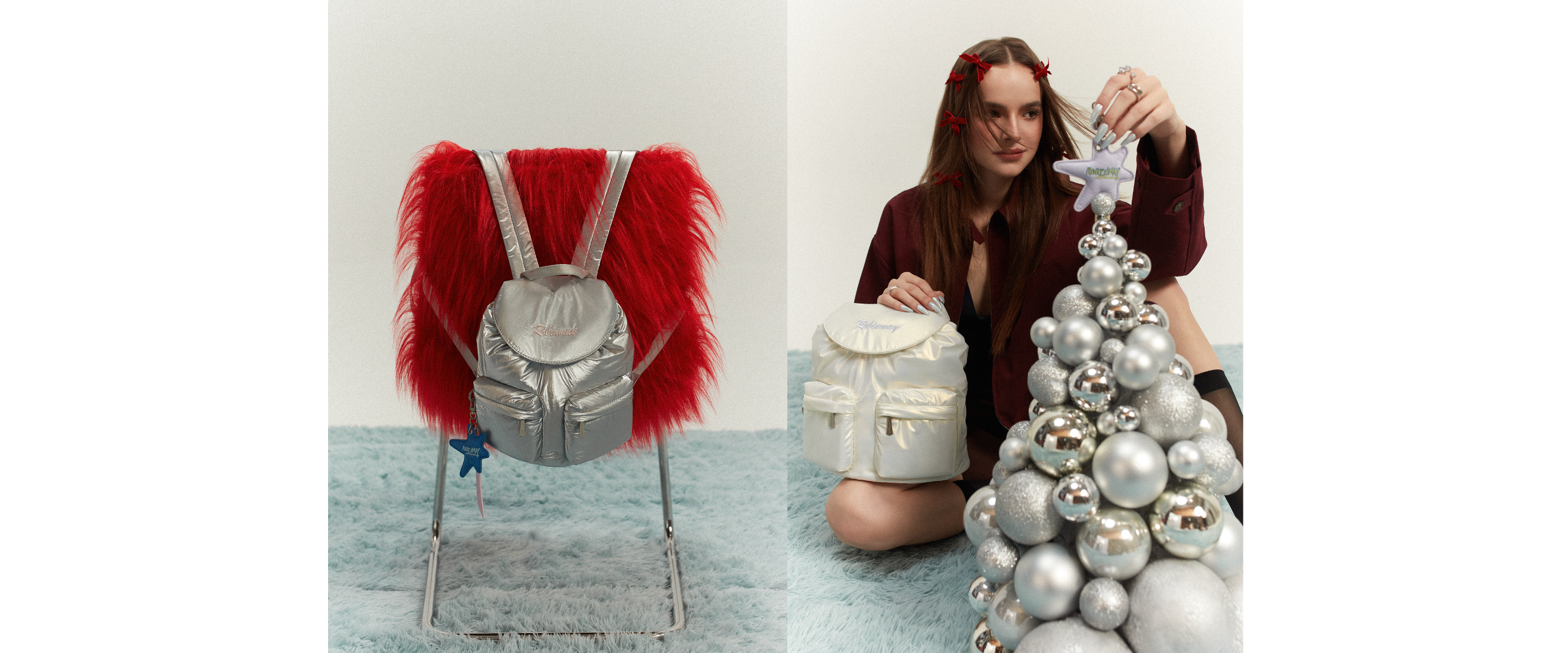 模特兒手拿Twinkle後背包，裝飾銀色聖誕樹