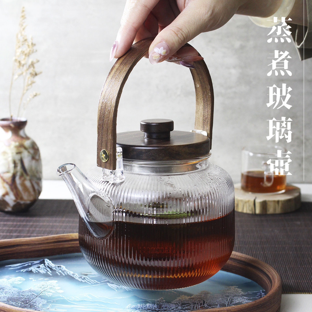 木蓋豎紋蒸煮玻璃壺
