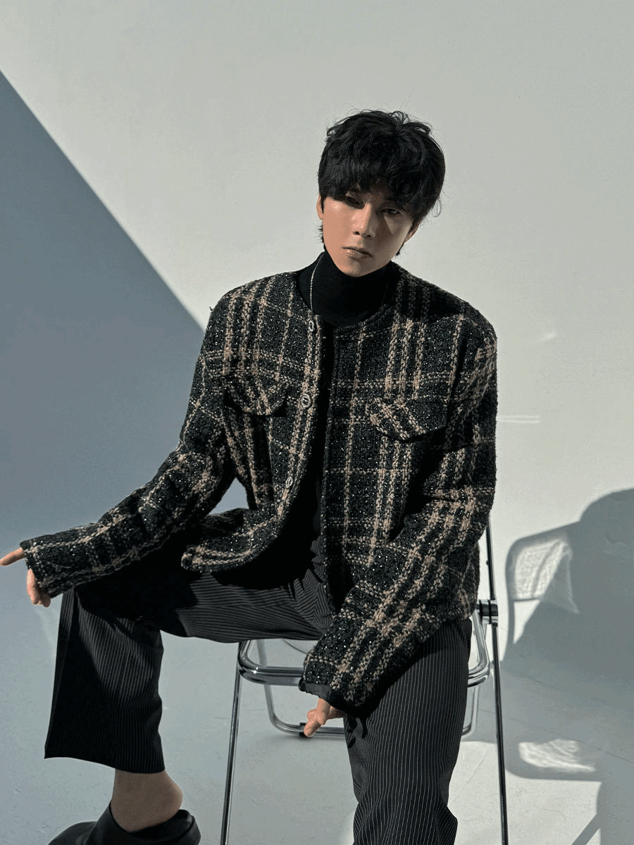 格紋雙口袋粗花呢小香夾克