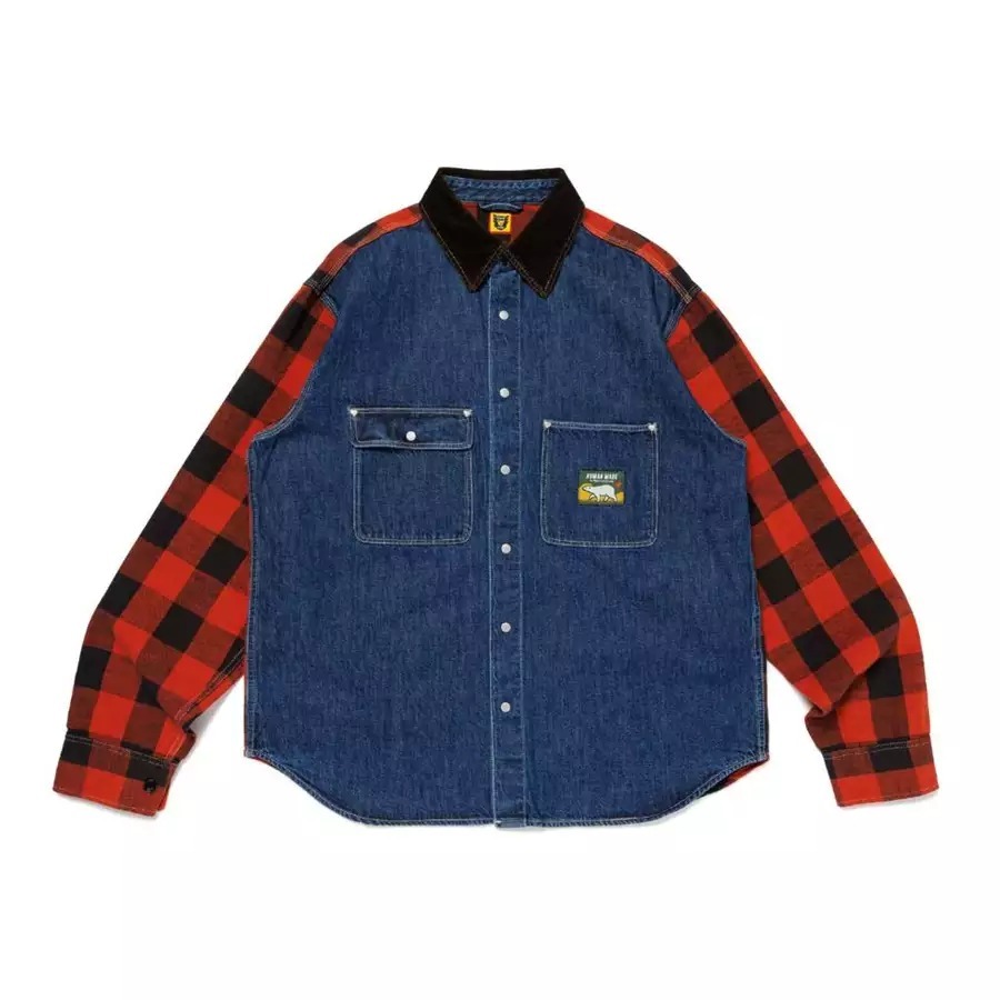 2024AW HUMAN MADE SCOUT SHIRT 北極熊 拼接 丹寧 格紋 長袖 襯衫 現貨