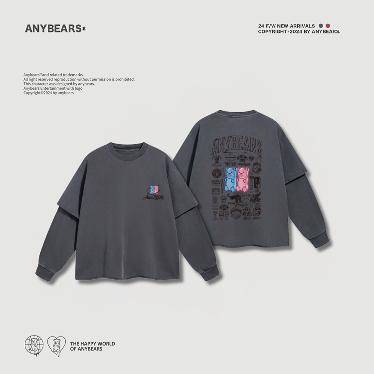 ANYBEARS® 3D OG Bear 立體熊 假兩件水洗長T
