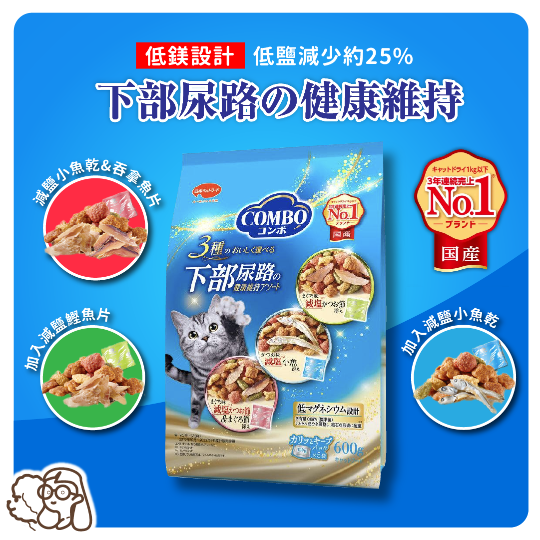 COMBO|下部尿路の健康維持貓糧 600g - 3種組合 (嚴選材料：減鹽 鰹魚片、小銀魚、吞拿魚) (CMO-6296)