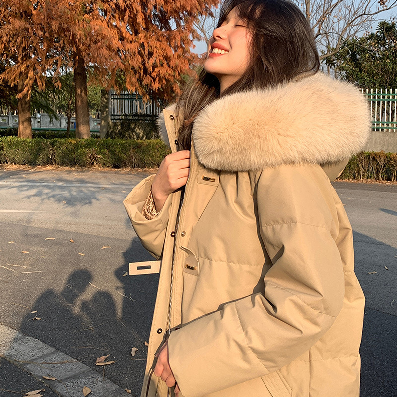 ᴷᴼᴿᴱᴬ 正韓🇰🇷<現貨> 休閒百搭狐狸毛帽簷中長款羽絨大衣外套（三色）