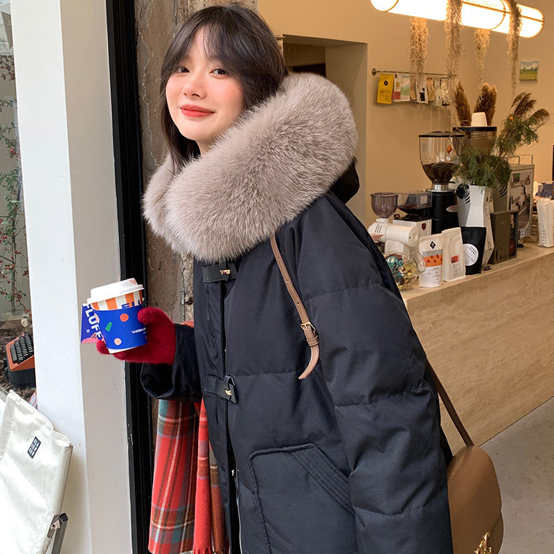 ᴷᴼᴿᴱᴬ 正韓🇰🇷<現貨> 休閒百搭狐狸毛帽簷中長款羽絨大衣外套（三色）
