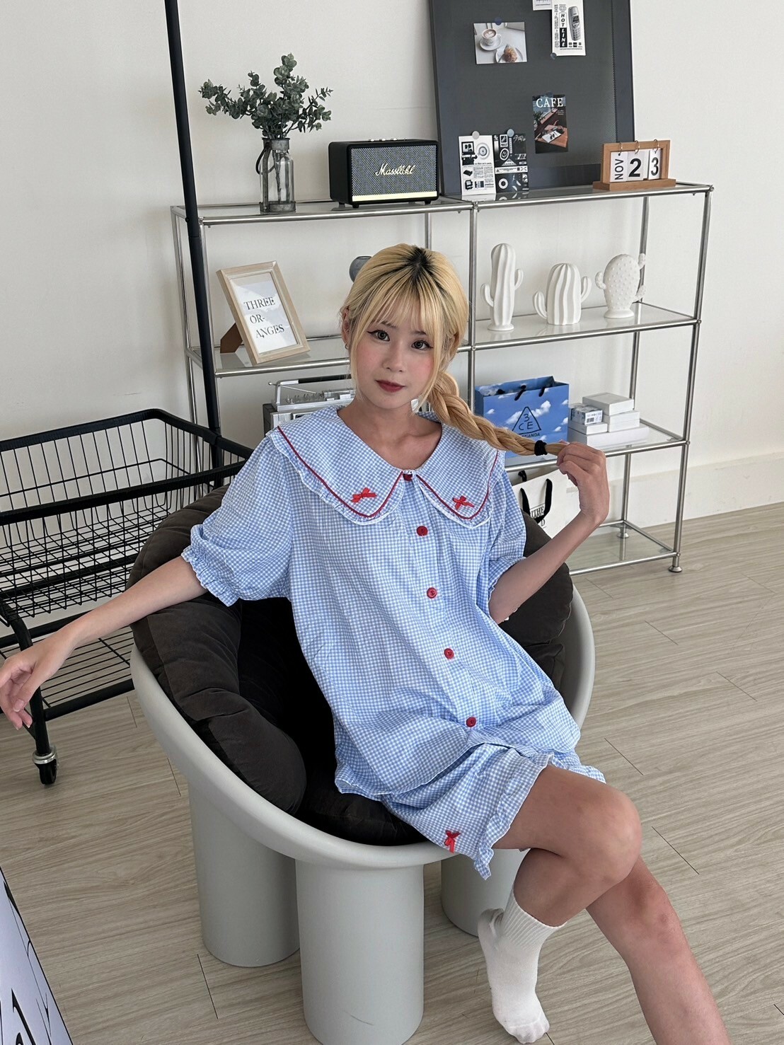 少女心爆擊🎀泡泡袖藍格子 兩件式睡衣