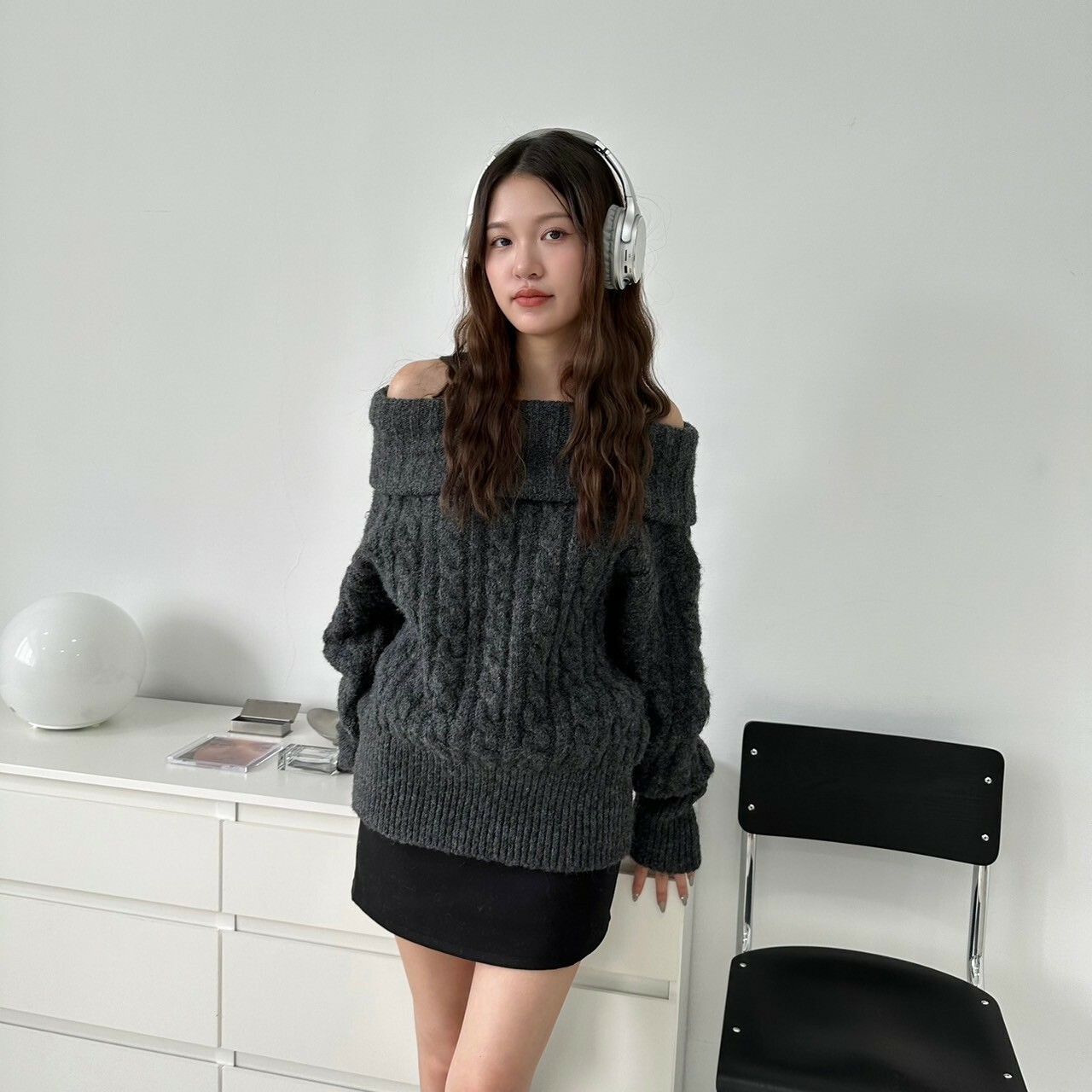 羊毛紐麻花一字肩