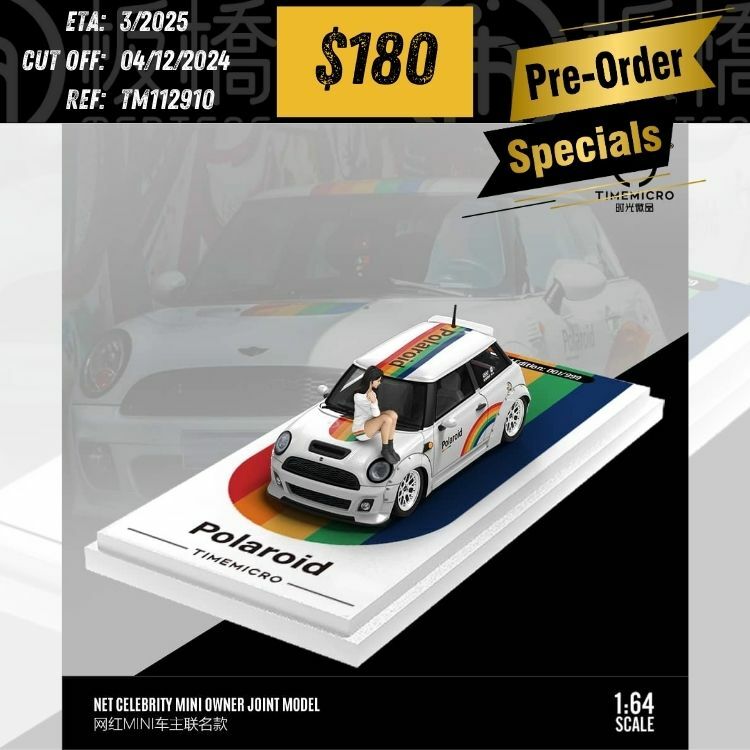 PO-$180 * TIME MICRO * 1:64 MINI COOPER R56 WHITE W/RAINBOW STRIPE W/FIGURE [OD29/11]
