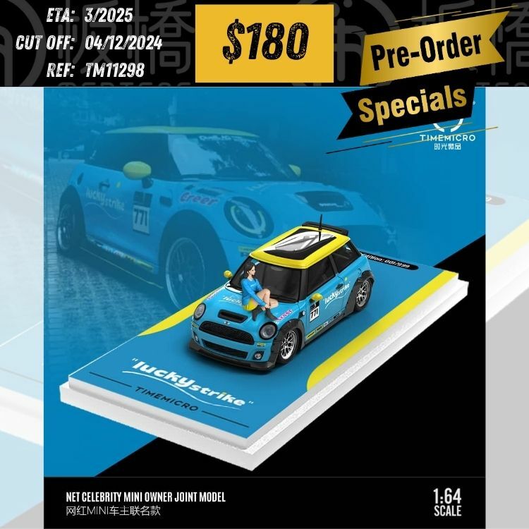 PO-$180 * TIME MICRO * 1:64 MINI COOPER R56 BLUE W/YELLOW ROOF W/FIGURE [OD29/11]