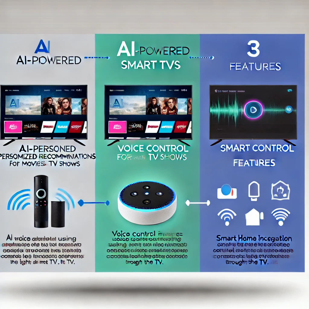 A visually engaging social media graphic summarizing key points of AI in smart TVs, divided into three sections: 1) AI-powered personalized recommendations for movies and TV shows, 2) voice control for smart TV operations, and 3) smart home integration features. The design uses bold icons and a clean layout with blue and green accents.
