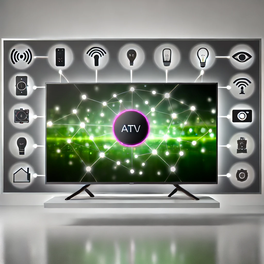 A sleek and futuristic social media graphic showcasing 'Smart Home Integration with AI TVs.' The design features a central smart TV surrounded by icons representing smart devices like lights, thermostats, cameras, and speakers, connected through a glowing network. The background highlights a green and gray gradient, emphasizing seamless connectivity.