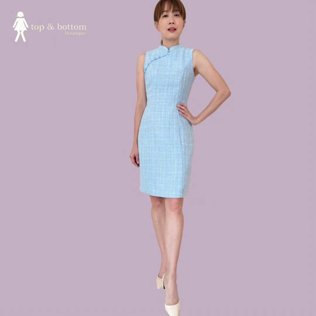 SLEEVELESS TWEED CHEONGSAM DRESS