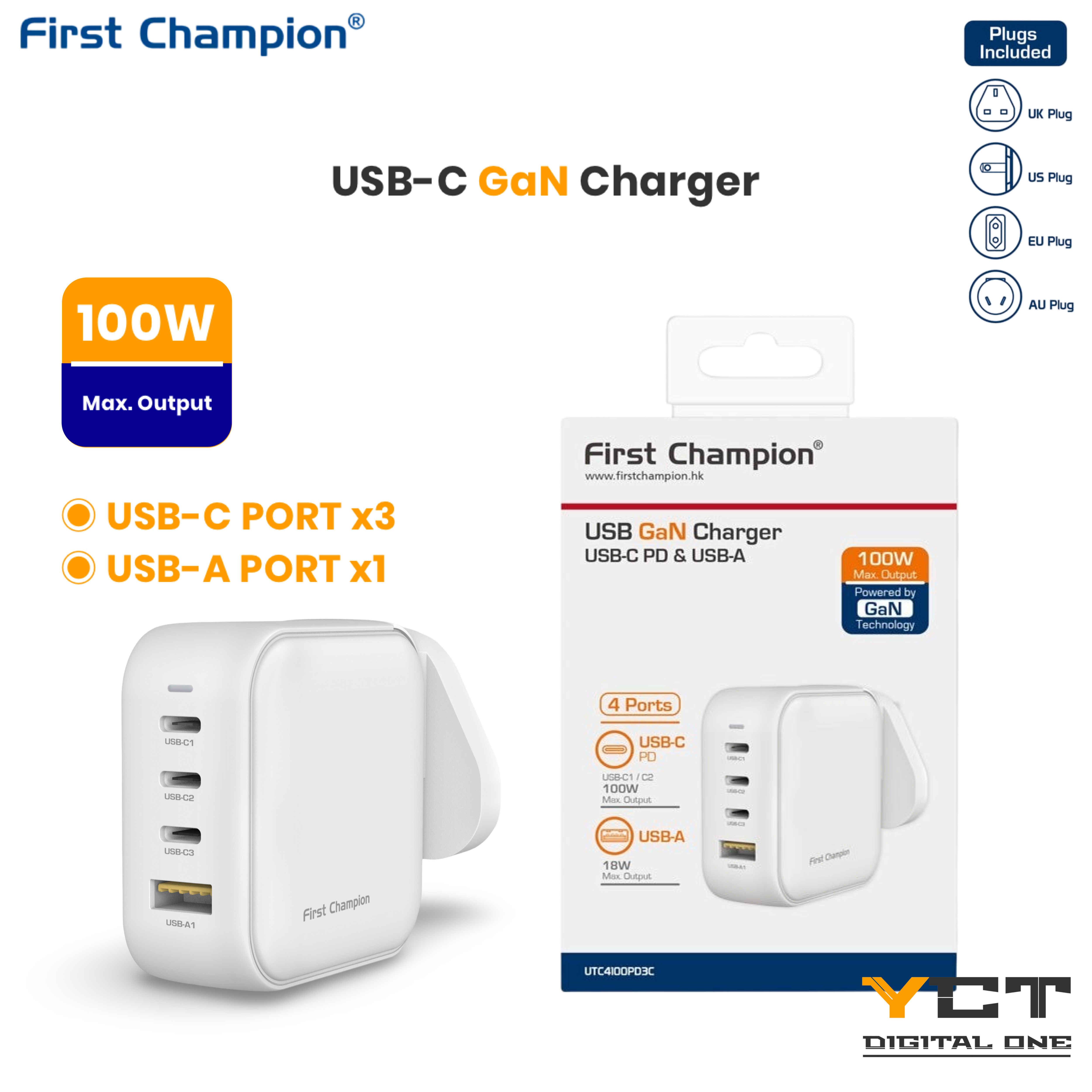First Champion USB-C GaN 充電器 UTC4100PD3C - 100W - with USB-C PD + USB-A