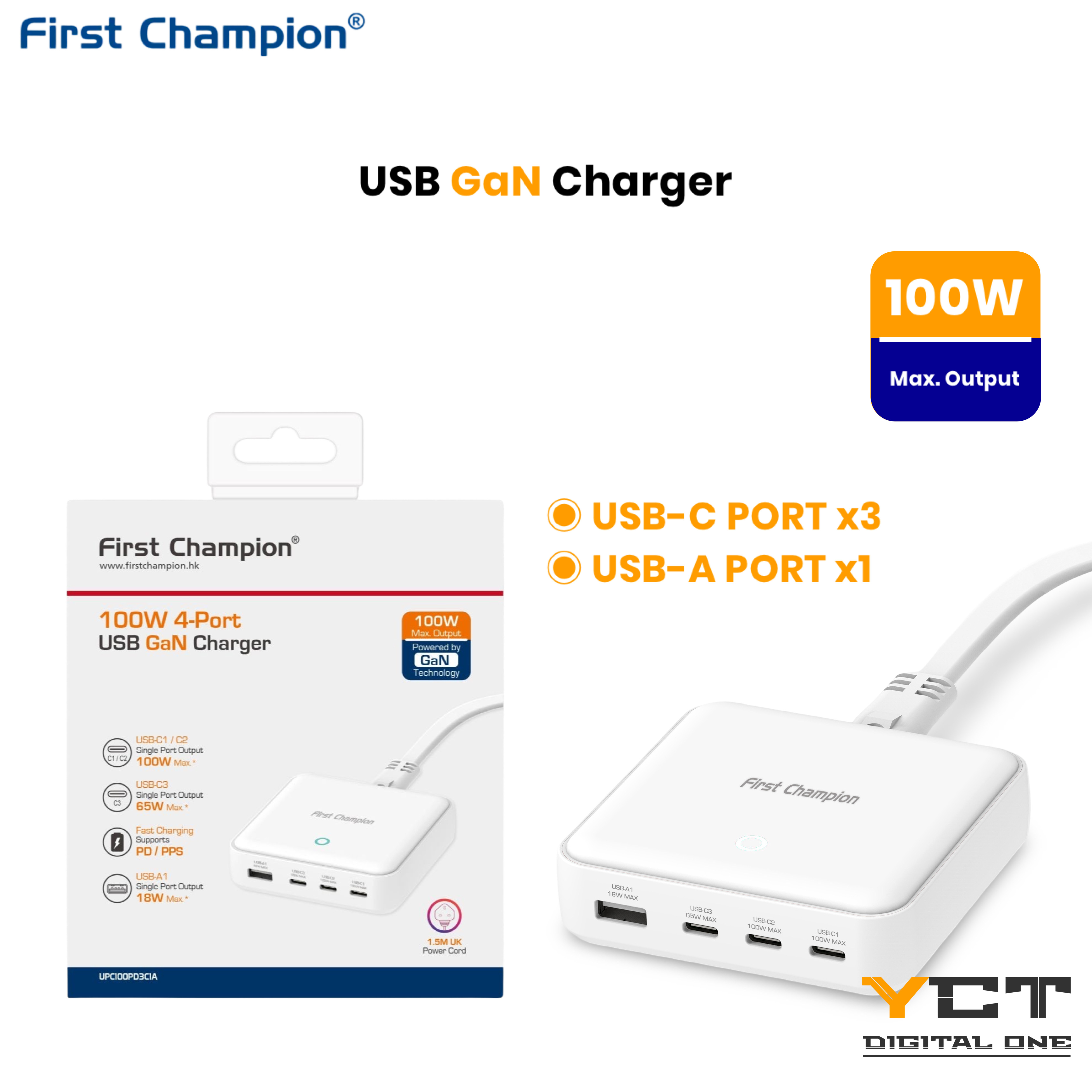 First Champion USB 桌上 氮化鎵(GaN) 快速充電器 - 100W, UPC100PD3C1A, with USB-C & USB-A