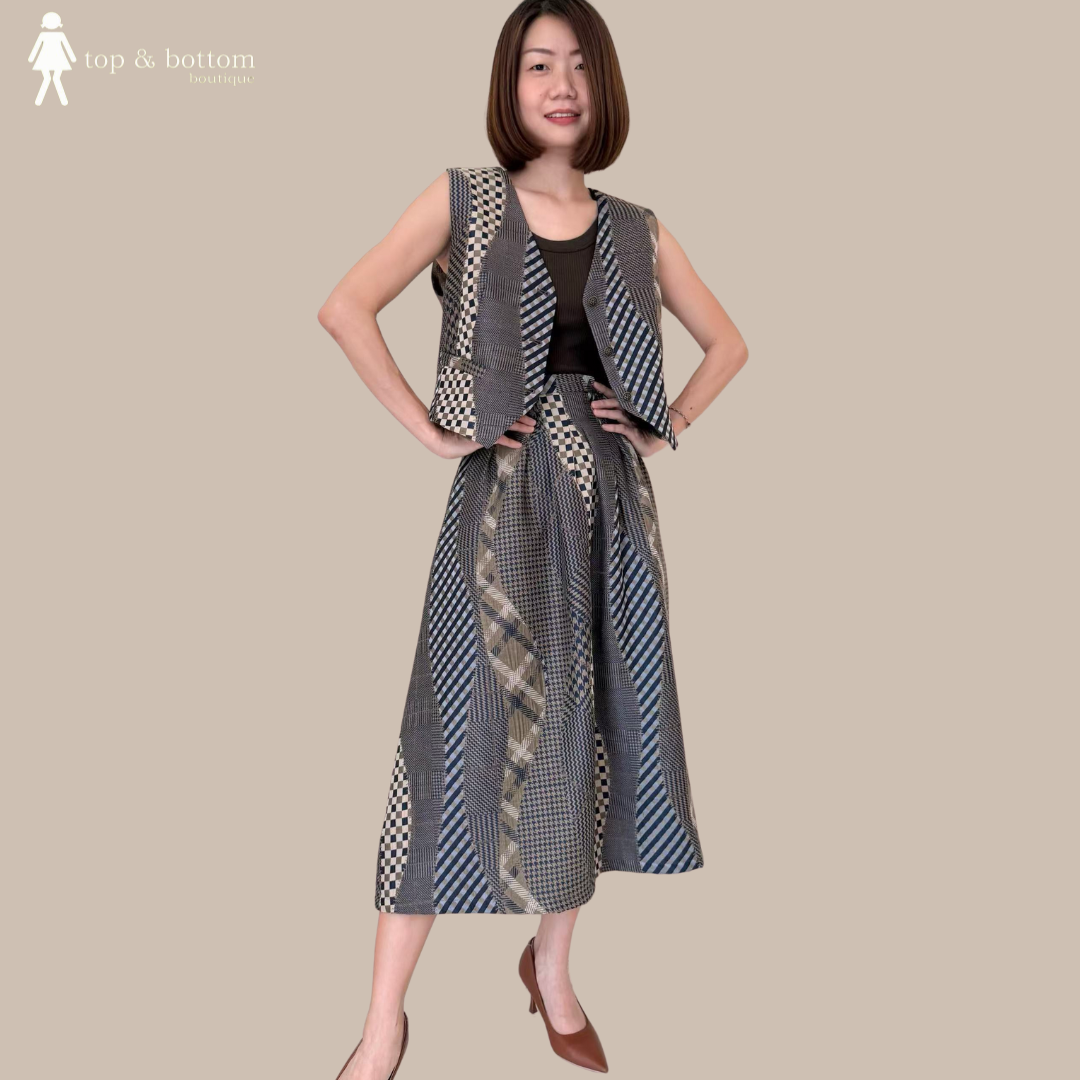GEOMETRIC DETAILED VEST & MIDI SKIRT SET SUIT (2PCS)