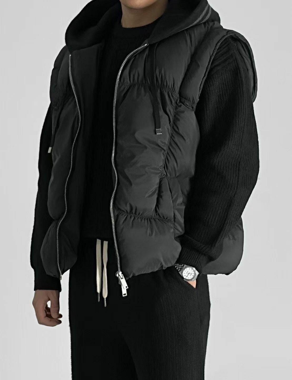 淨色連帽拉鍊背心褸 OWN-086V