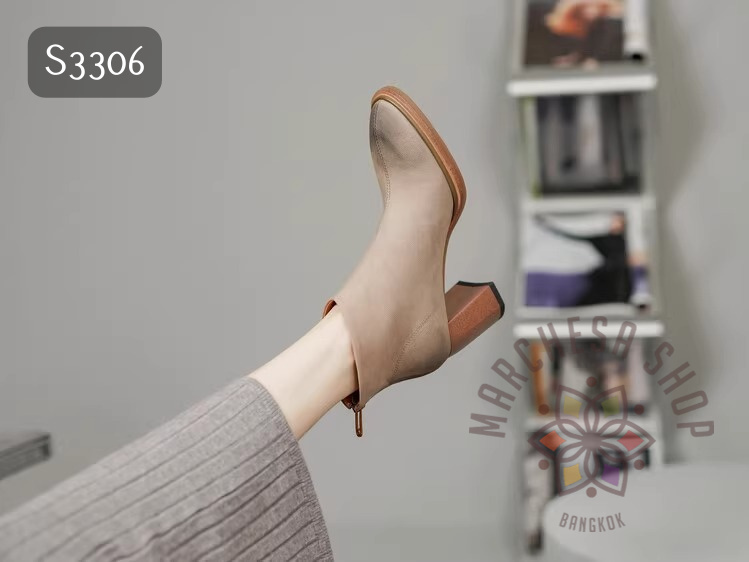 S3306 - 全真皮羊猄皮水磨鈄口圓頭高踭踝靴