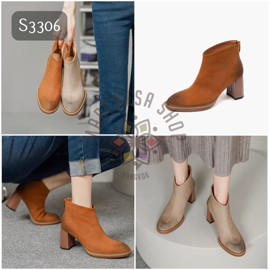 S3306 - 全真皮羊猄皮水磨鈄口圓頭高踭踝靴