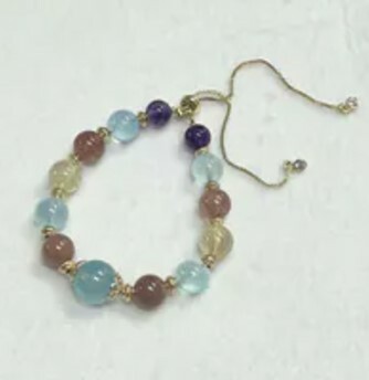 [S] GEMZ & CO ZBA GOLD HARDWARE PUSH-PULL DUO BAO BRACELET, AQUAMARINE/STRAWBERRY/GOLD RUTILE/AMETHYST, Y353 (Y353)