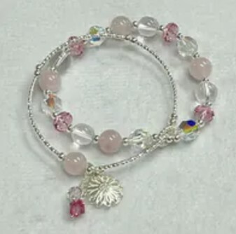[S] GEMZ & CO ZBB 925 SILVER DUAL BRACELET WITH DAISY CHARM, ROSE/CLEAR QUARTZ, Y359 (Y359)
